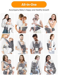 Mumgaroo 6-in-1 carrier shown in multiple carrying positions for growing babies.