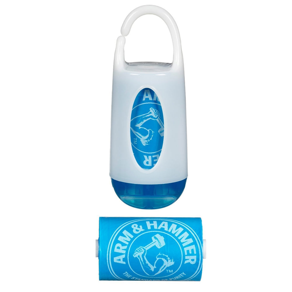 Munchkin Arm and Hammer diaper bag dispenser in blue keeps odors in check during outings.