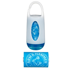 Munchkin Arm and Hammer diaper bag dispenser in blue keeps odors in check during outings.