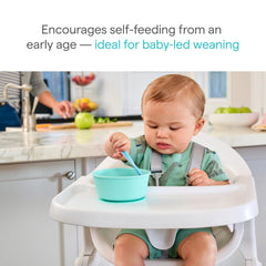 Munchkin Gentle Dip Stage 2 blue spoon supports soft-food feeding and scooping practice.