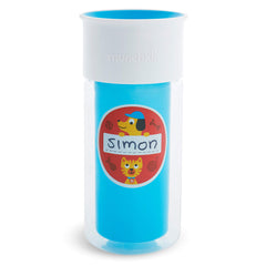 Munchkin Miracle 360 blue 360-degree lid close-up shows easy sipping and spill protection