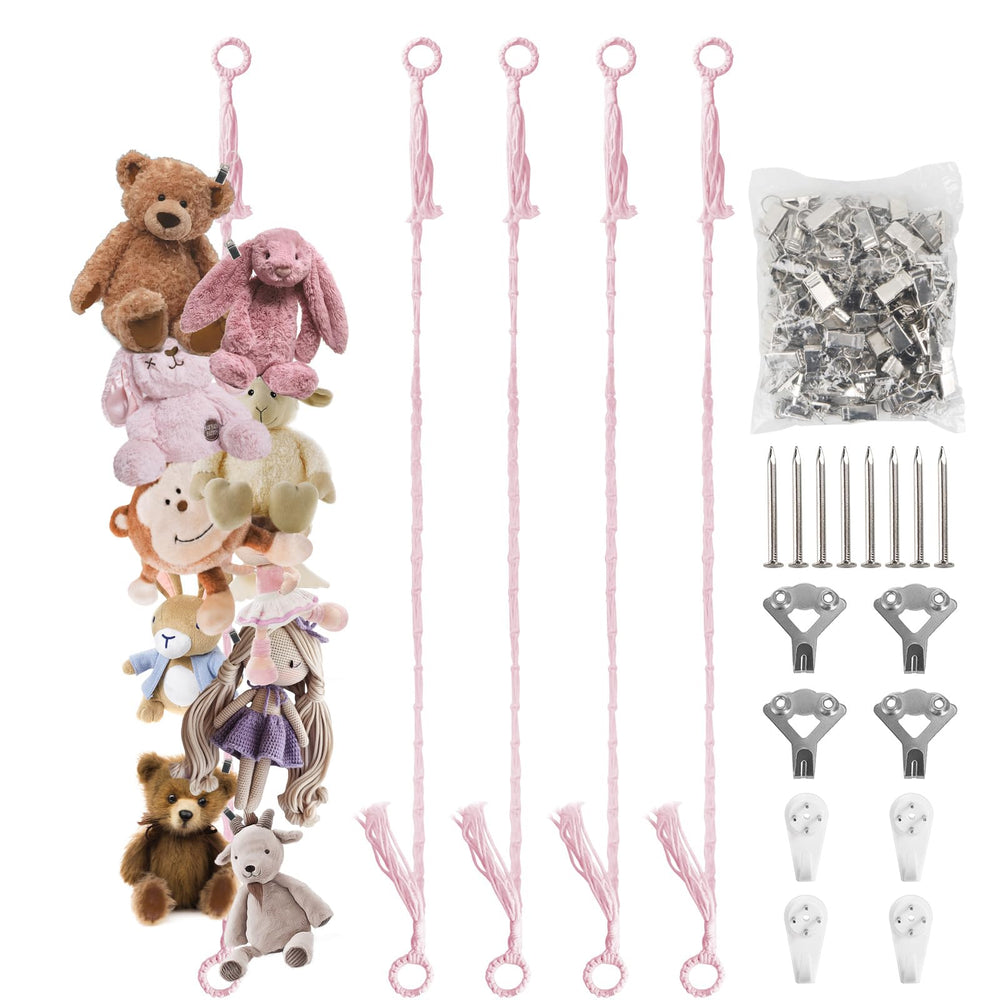 Munzong stuffed animal storage chain pink 80inch assembly highlights sturdy macrame construction for toy organization.