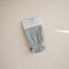Mushie baby bath mitt pack-2 moss design shown for easy bath time routine.