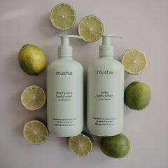 Mushie Baby Body Lotion bottle closeup shows soft, skin-friendly formula for dry skin.