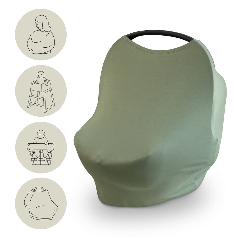 Mushie baby car seat canopy cover in breathable fabric offering privacy and shade.