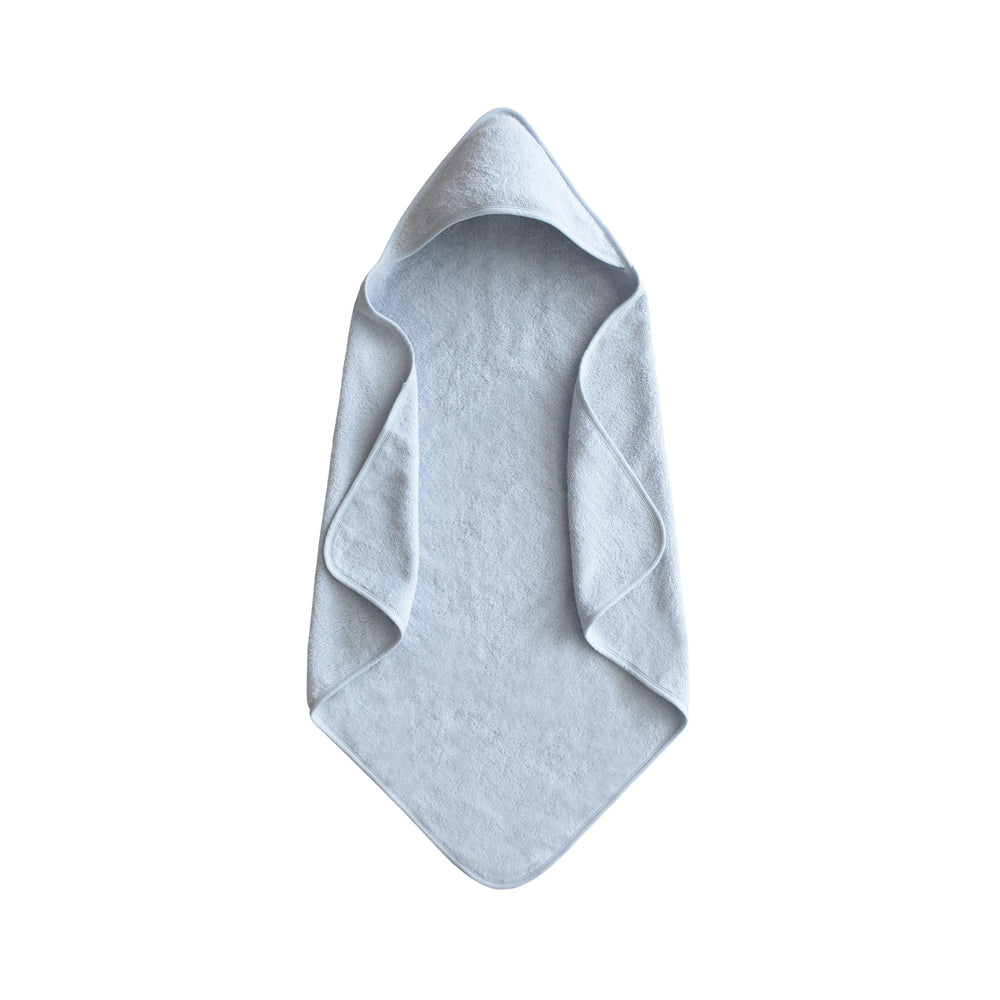 Mushie baby hooded towel organic cotton blue closeup shows soft fabric for gentle drying