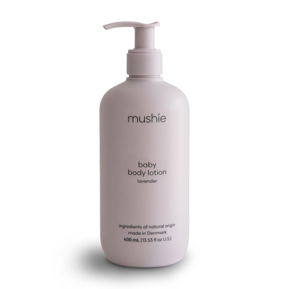 Mushie Baby Organic Body Lotion bottle lavender for gentle hydration of delicate skin.