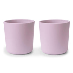 Mushie dinnerware cups front view in soft lilac, easy toddler grip