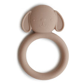 Mushie Dog Brown Teether front view helps soothe gums with soft, safe silicone