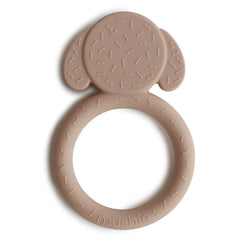 Mushie Dog Brown Teether side view supports tiny fingers for easy grasping