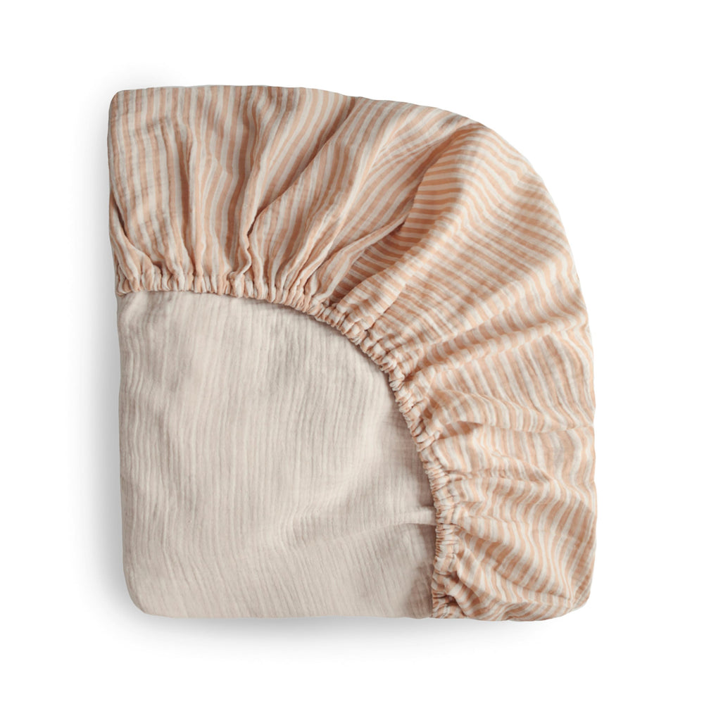Mushie extra soft muslin fitted crib sheet natural stripe close-up fabric for gentle skin contact