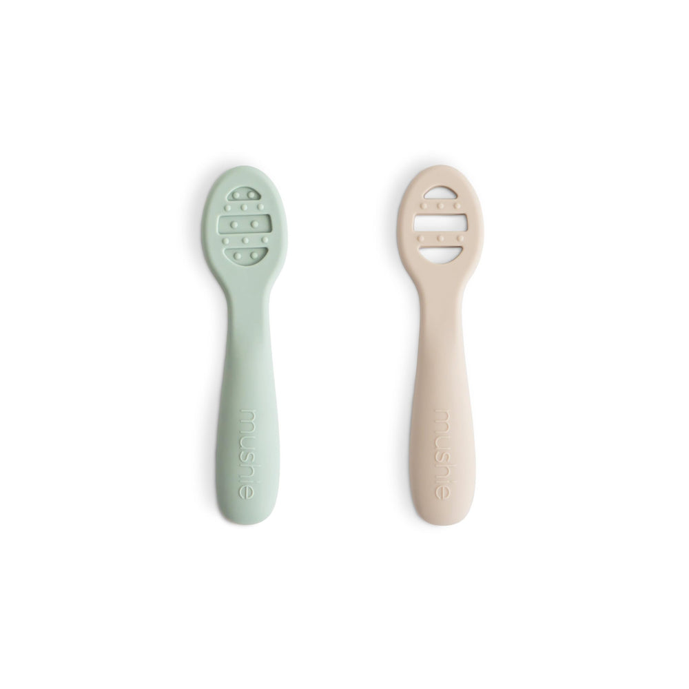 Mushie first feeding spoons Cambridge Blue two-pack for gentle self-feeding.