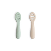 Mushie first feeding spoons Cambridge Blue two-pack for gentle self-feeding.