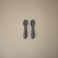 Mushie spoons with sensory dots aiding teething comfort