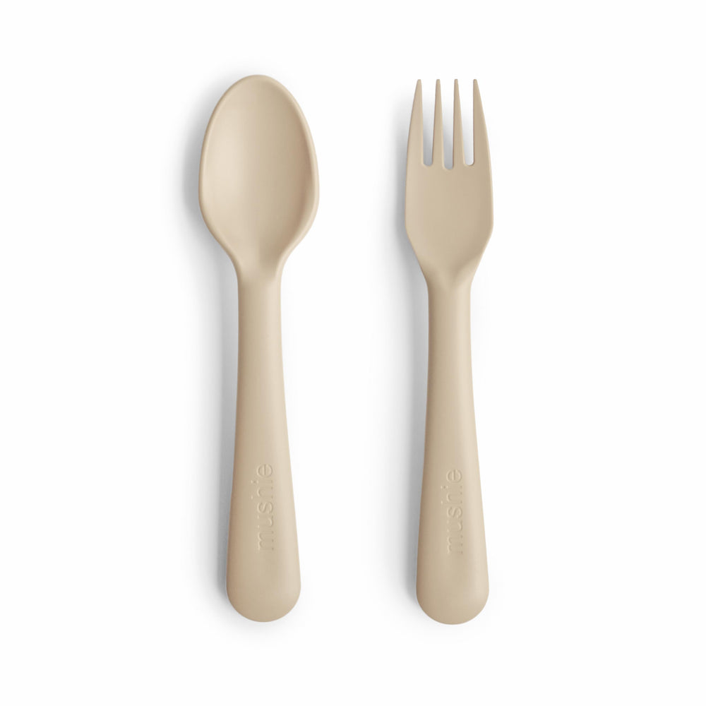 Mushie flatware fork vanilla with toddler-friendly grip for easy self-feeding