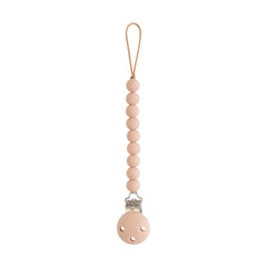 Mushie Hera pacifier clip with soft pink beads for secure on the go use.