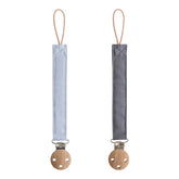 Mushie Linen Pacifier Clip Strap Powder Blue shows soft fabric and easy-on-the-go security