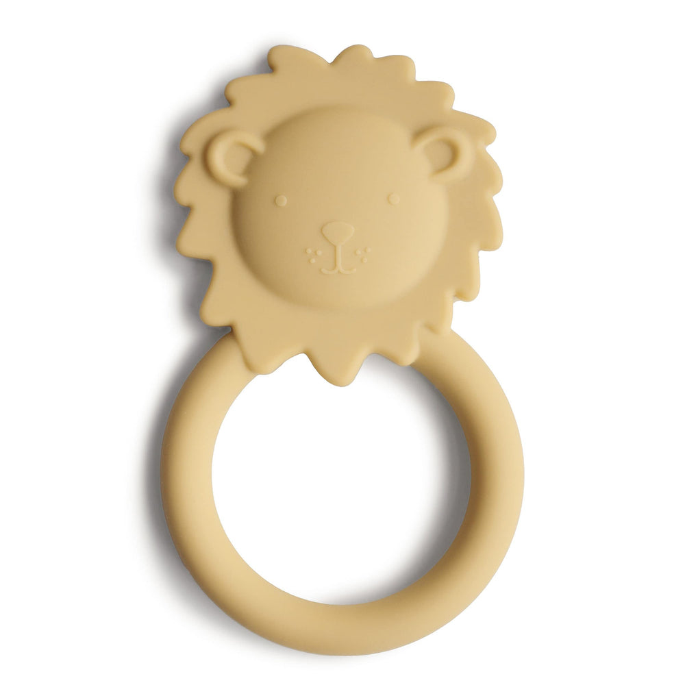 Mushie Lion teether front view; soothing silicone teething toy for babies