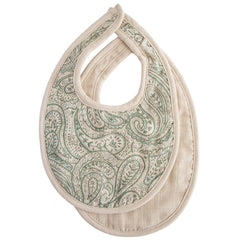 Mushie Muslin Bib green paisley front view keeps baby dry during drool