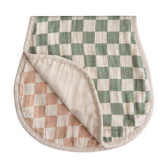 Mushie muslin burp cloth in olive check close-up, soft organic cotton for gentle protection.