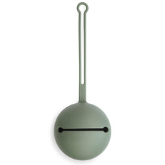 Mushie pacifier holder case in dried thyme close-up showing smooth silicone texture and color