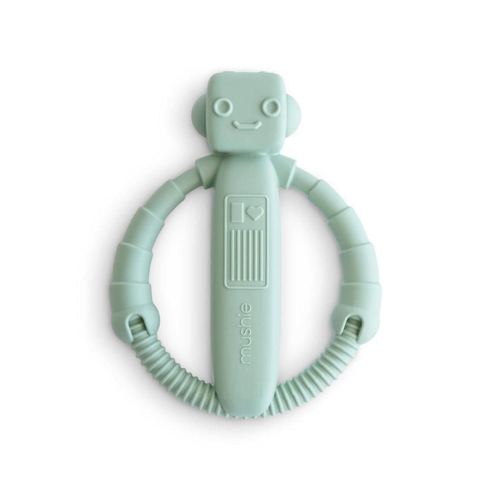 Mushie robot rattle teether front view highlighting safe silicone for soothing gums
