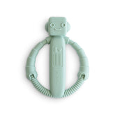 Mushie robot rattle teether front view highlighting safe silicone for soothing gums