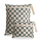 Mushie wet bag olive check large, water resistant with zipper closure for swimsuits.