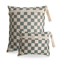 Mushie wet bag olive check large, water resistant with zipper closure for swimsuits.
