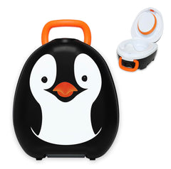 My Carry Potty Penguin travel potty hanging from a pushchair enables easy on-the-go potty breaks.