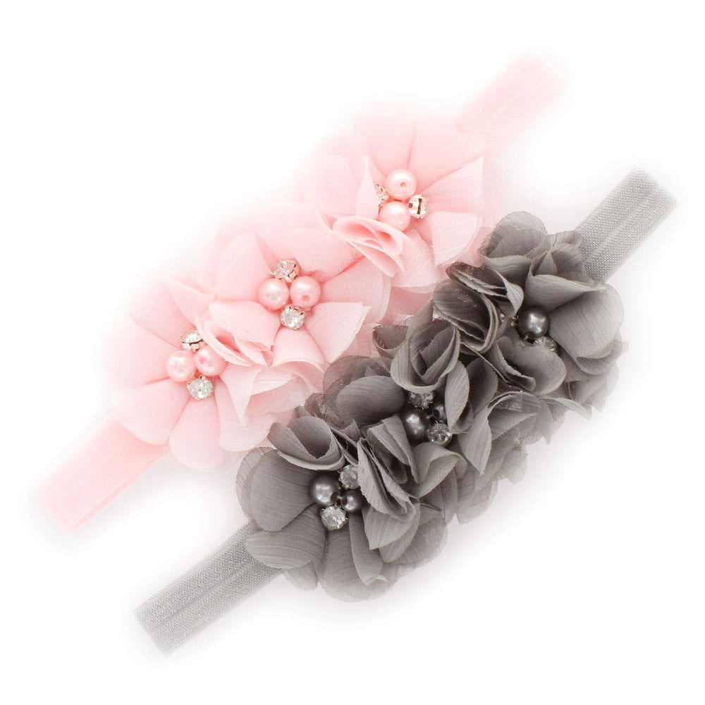 My Lello baby flower headbands on display card featuring two elastic, soft chiffon bands for newborn photography.