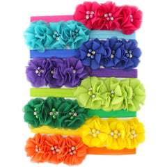 My Lello flower headbands close-up for newborn photography with fabric beaded trio