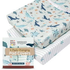 MY LITTLE ZONE teal ocean changing pad cover offers breathable cotton comfort during diaper changes.