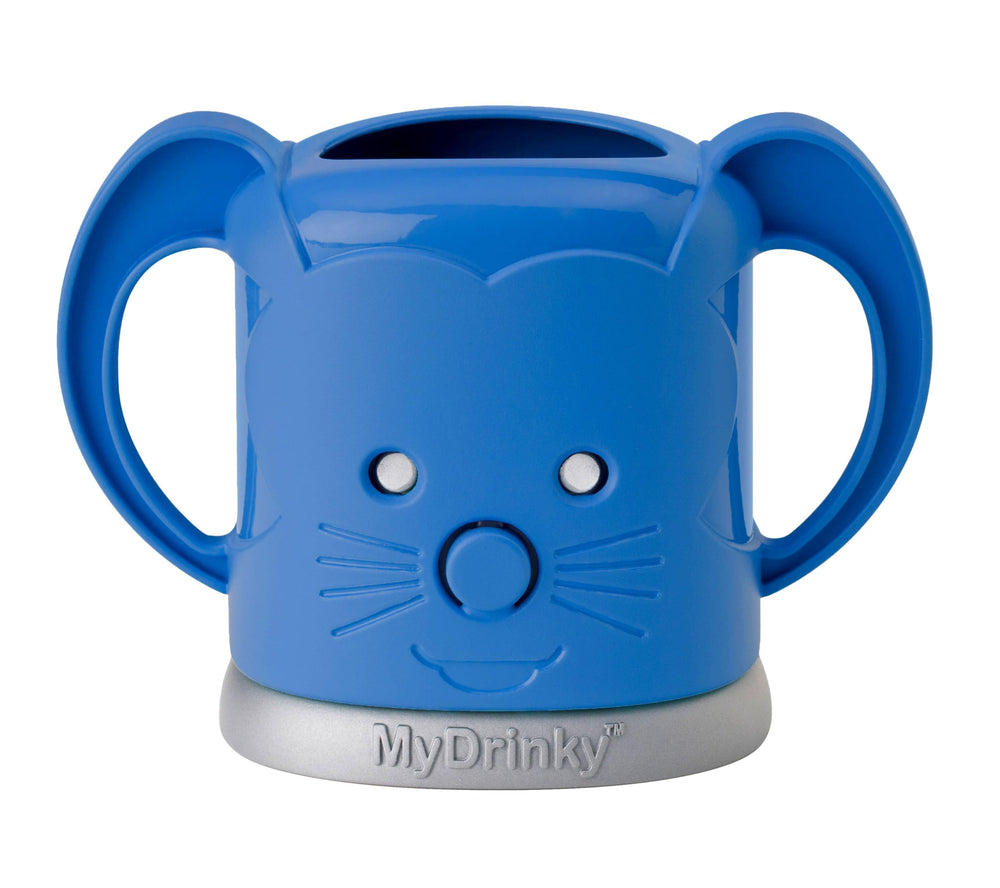MyDrinky InchBug Galaxy Blue pouch holder close-up showing secure grip; reduces spills.