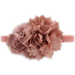 My Lello baby headband dusty rose cluster close-up for vintage photo props.