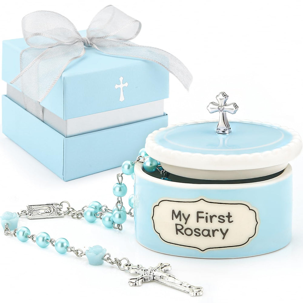 MyMateZoe baptism first rosary blue beads ready for baby's prayer keepsake.