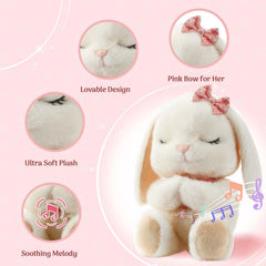 MyMateZoe praying bunny plush close-up highlighting gentle music for bedtime