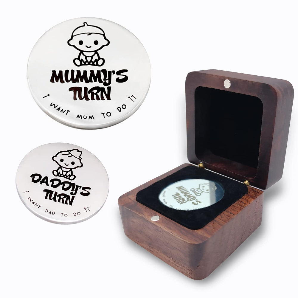 MYPAWLETS decision coin and wooden box front view for new parents