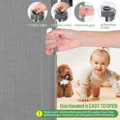 MYPIN retractable gate demonstrates smart close at 30 degrees for secure passage.
