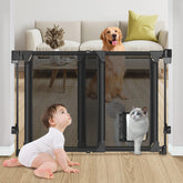 MYPIN upgraded no bottom bar baby gate mounted on wall enabling smooth wheelchair passage.
