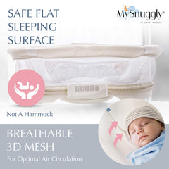 MySnuggly Sleep Solution top-mount on bassinet mattress shows stable, flat surface.