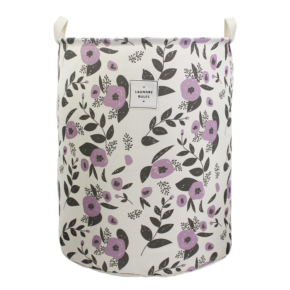 Mziart collapsible floral purple laundry basket shown closed for compact storage.