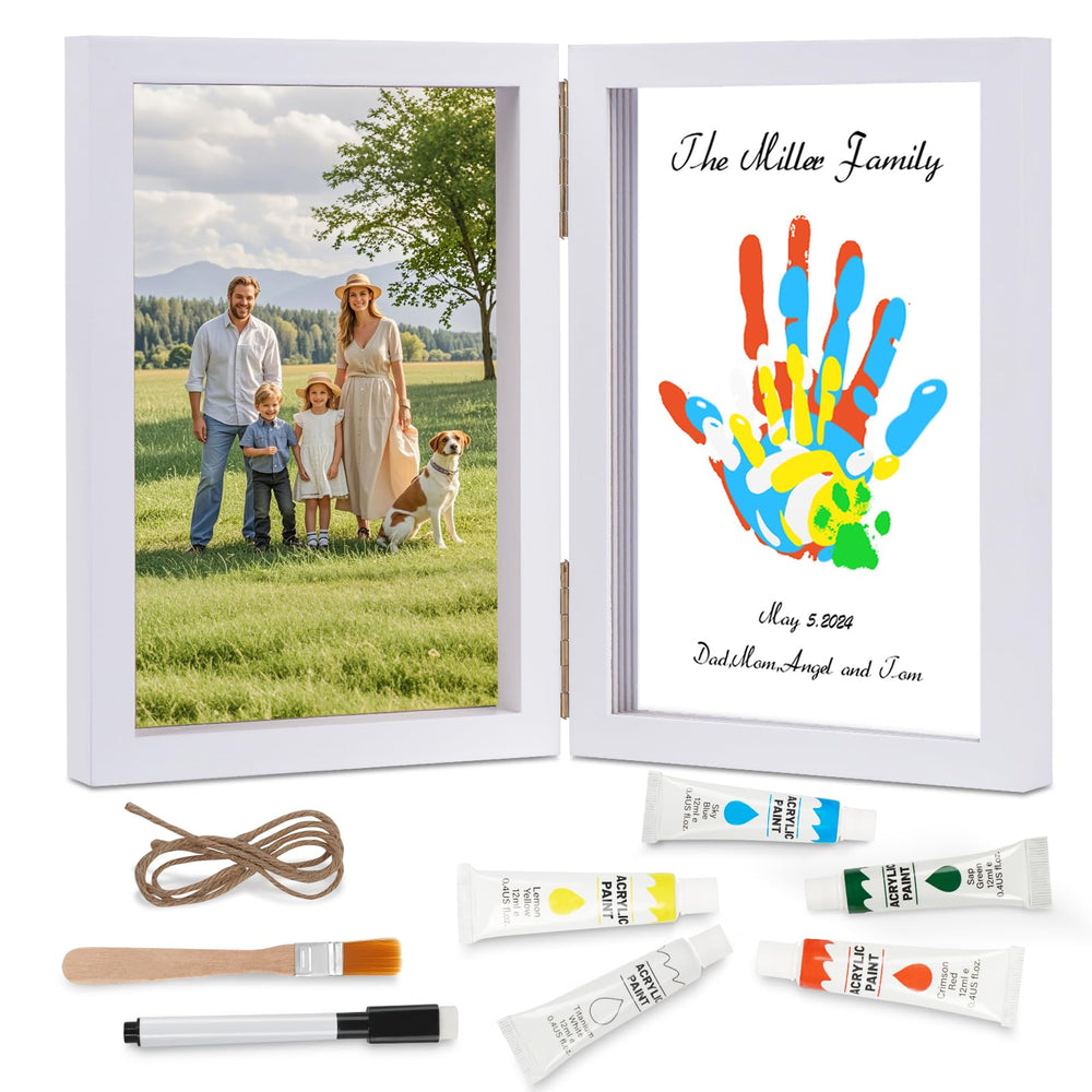 Nabance family handprint kit frame close-up, showcasing a keepsake-ready wooden frame for lasting memories.