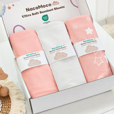NacoMoco 3pack soft stretchy bassinet sheets packaging highlights gift-ready presentation