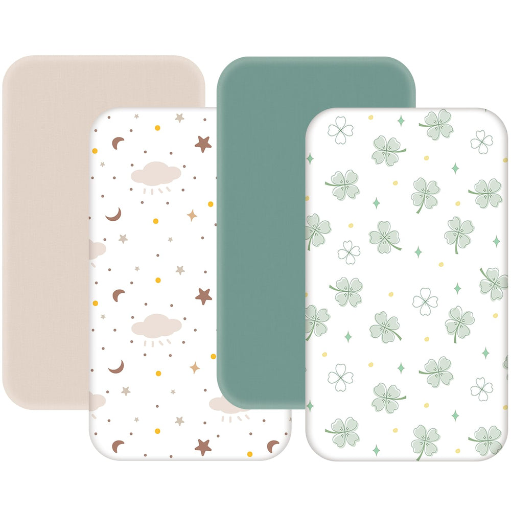 NacoMoco 4-pack mini crib sheets with elastic-fit for secure mattress coverage.