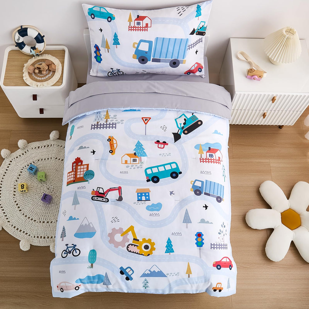 NacoMoco 4-piece cars toddler bedding set in light blue for cozy nights.