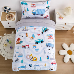 NacoMoco 4-piece cars toddler bedding set in light blue for cozy nights.