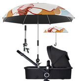 Nakazawa umbrella sstroller clip-on-attachment provides quick sun shade during park strolls.
