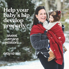 Nalakai Luxury Ring Sling hip-position image shows ergonomic M-position supporting healthy hip development