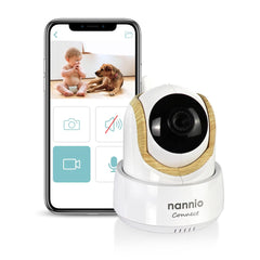 nannio front view smart baby monitor showcases discreet wood-grain design for stylish nursery monitoring